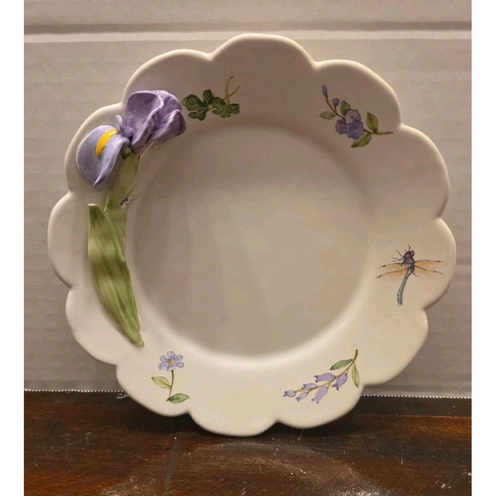Khim Hand & Heart Inc Scalloped Plate 3D Purple Iris Dragonfly Hand Painted